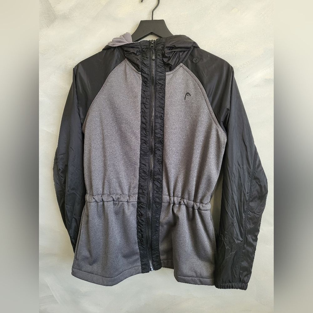 Women's Head Cinch Waist Fleece Lined Hooded Jacket Black Gray Sz M